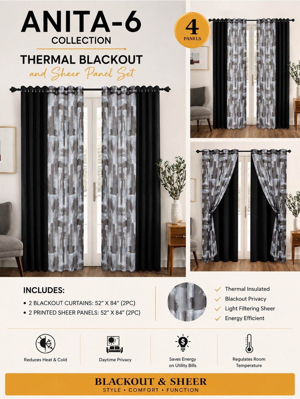 Thermal Blackout & Sheer Curtain Set – 4 Panels